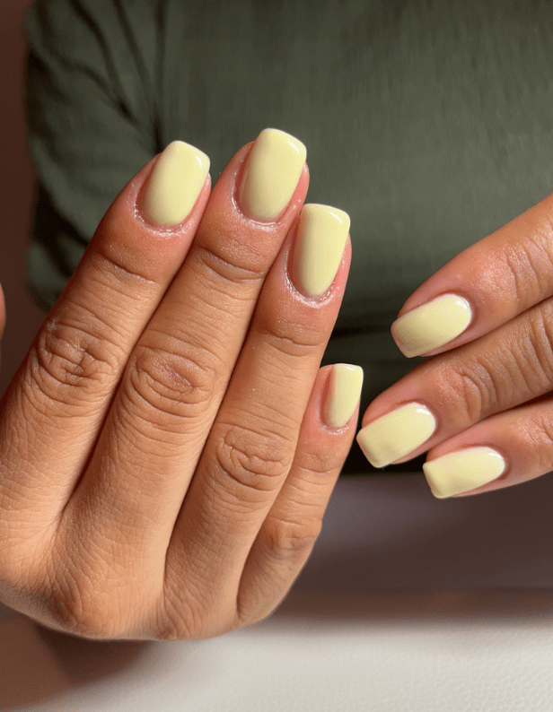 Hands with short-cut nails painted in a light yellow color.