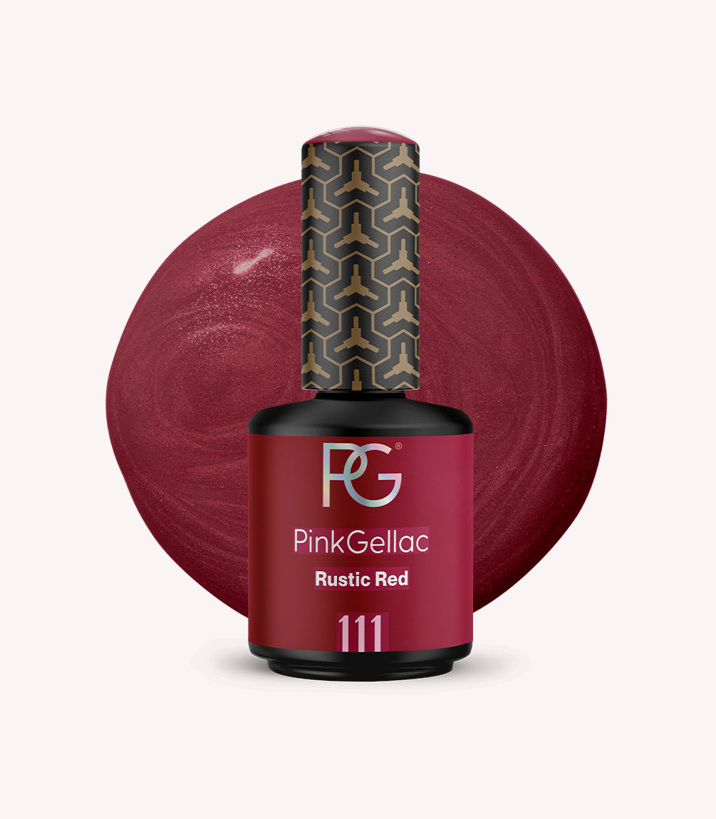 PinkGellac Rustic Red nail polish bottle with a matching color swatch on a white background