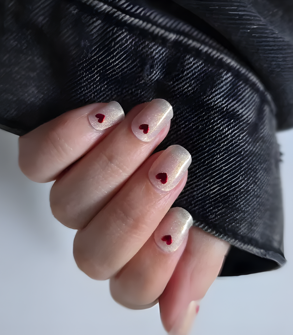 Hand wearing Pink Gellac 037 Loving Hearts gel nail stickers.