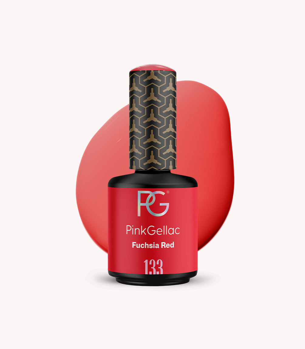 Pink Gellac Fuchsia Red nail polish bottle with a geometric pattern on a white background