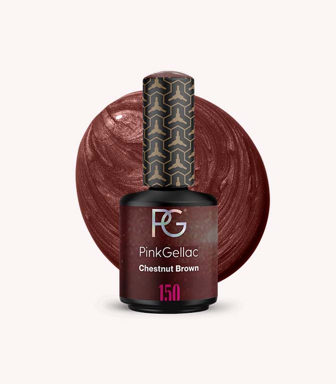 PinkGellac Chestnut Brown nail polish bottle with a swatch on a white background