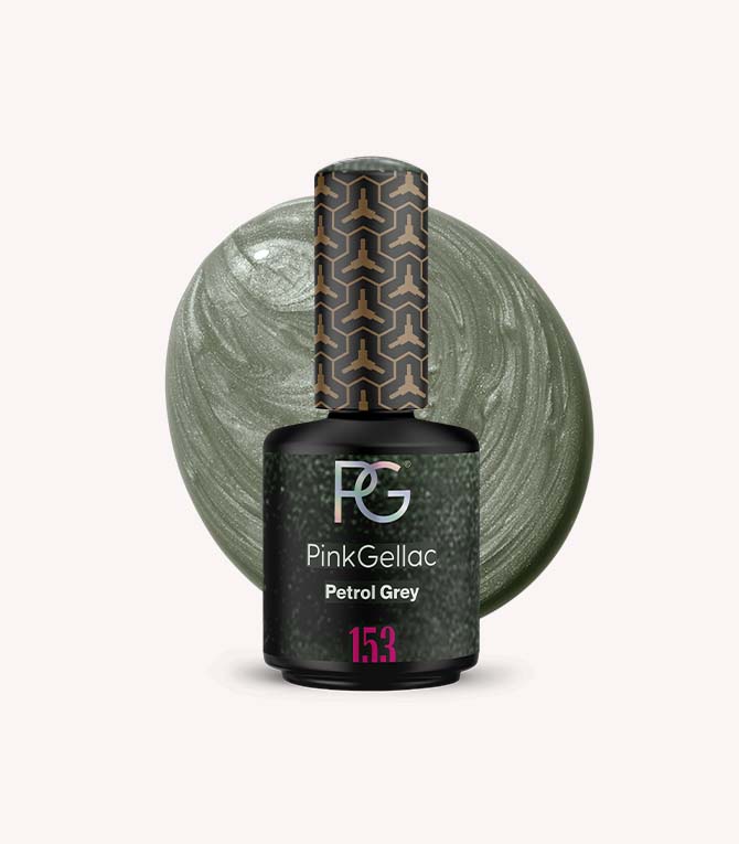 Pink Gellac Petrol Grey nail polish bottle with a marble background