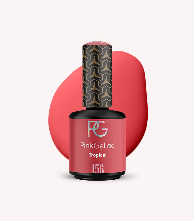 PinkGellac nail polish bottle with a red background