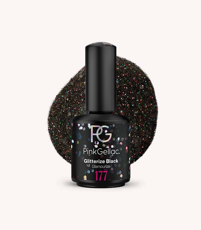 Pink Gellac 177 Glitterize Black gel nail polish bottle.