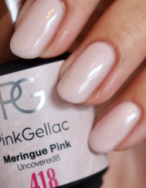 Nails painted with a light pink color, "Meringue Pink" from Pink Gellac, with a glossy finish.