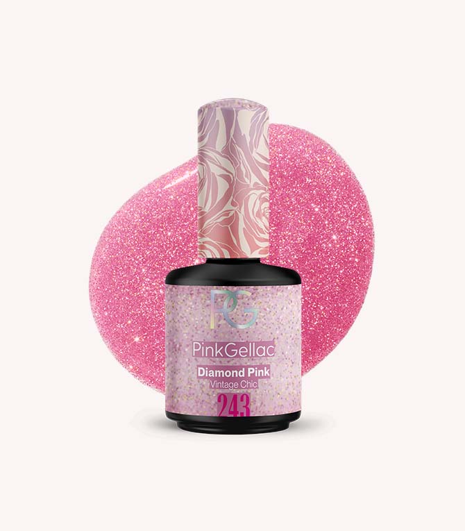 PinkGellac Diamond Pink nail polish bottle with pink glittery background