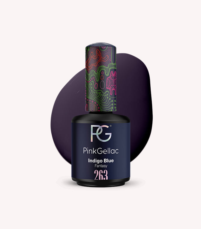 Pink Gellac Indigo Blue Fantasy nail polish bottle on a white background