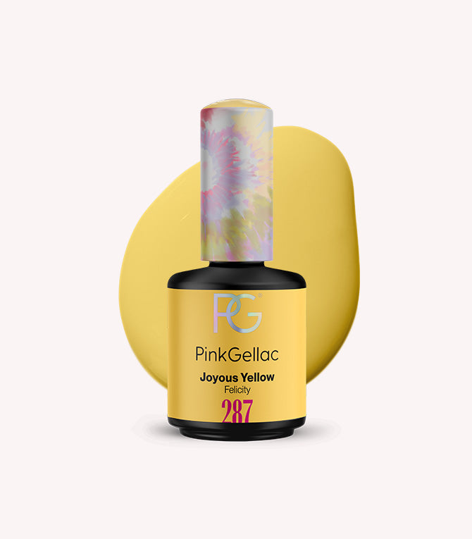 PinkGellac nail polish bottle with a yellow background