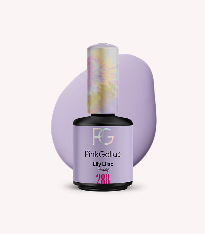 PinkGellac nail polish bottle with a purple background