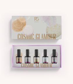 Pink Gellac Cosmic Glamour gel polish collection set with five shades in its gift box.