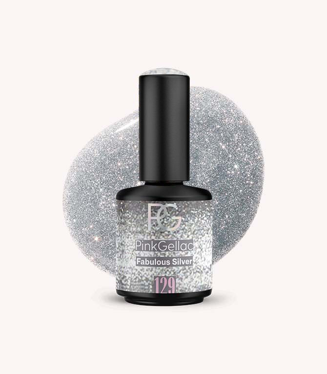 Pink Gellac 129 Fabulous Silver gel nail polish bottle.