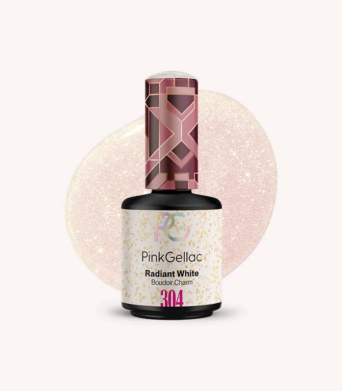 PinkGellac Radiant White nail polish bottle with a decorative cap on a light pink background