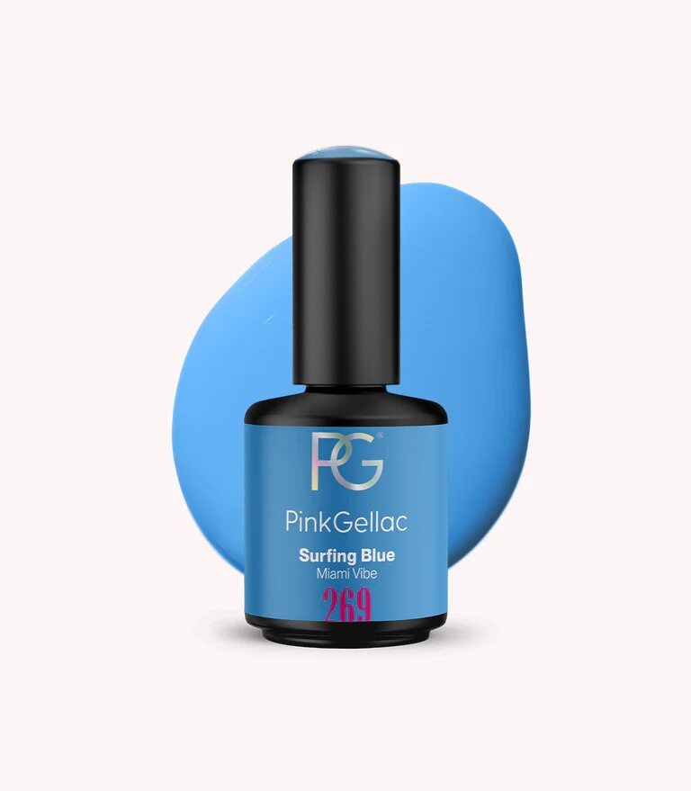 Pink Gellac 269 Surfing Blue gel nail polish bottle.