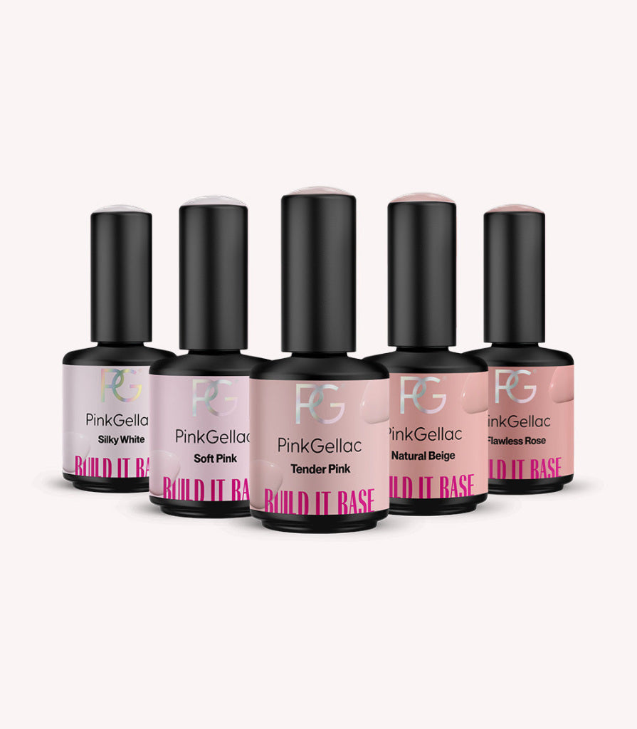 The gel polish bottles in the Pink Gellac Build it Base collection set.