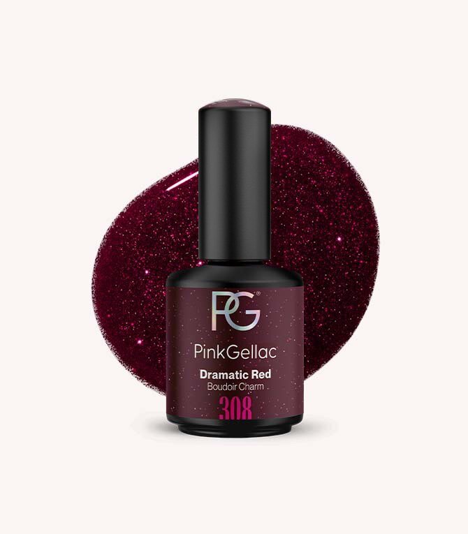 Pink Gellac 308 Dramatic Red gel nail polish bottle.