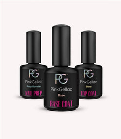 Pink Gellac Base Essentials set with Nail Prep, Base Coat and Top Coat gel polish.