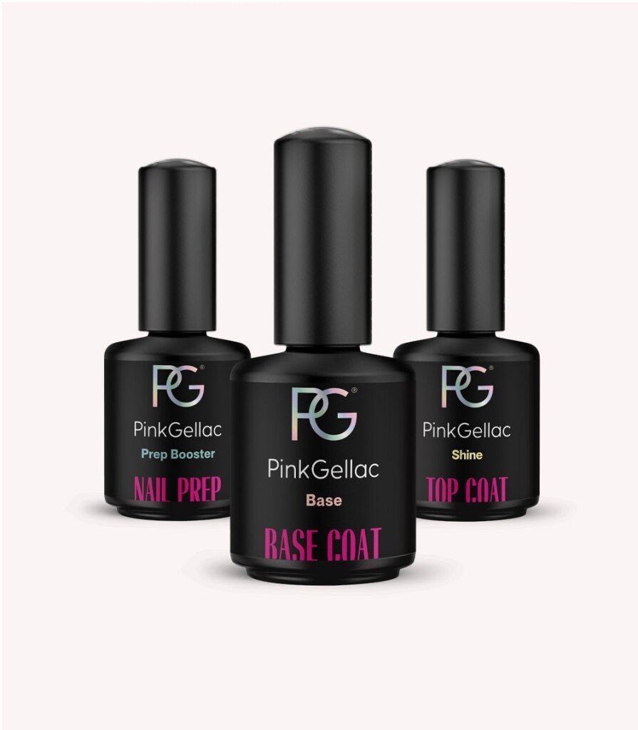 Pink Gellac Base Essentials set with Nail Prep, Base Coat and Top Coat gel polish.