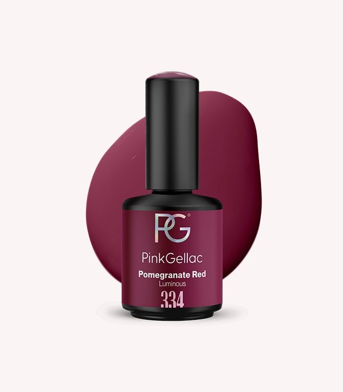 Pink Gellac 334 Pomegranate Red gel nail polish bottle.