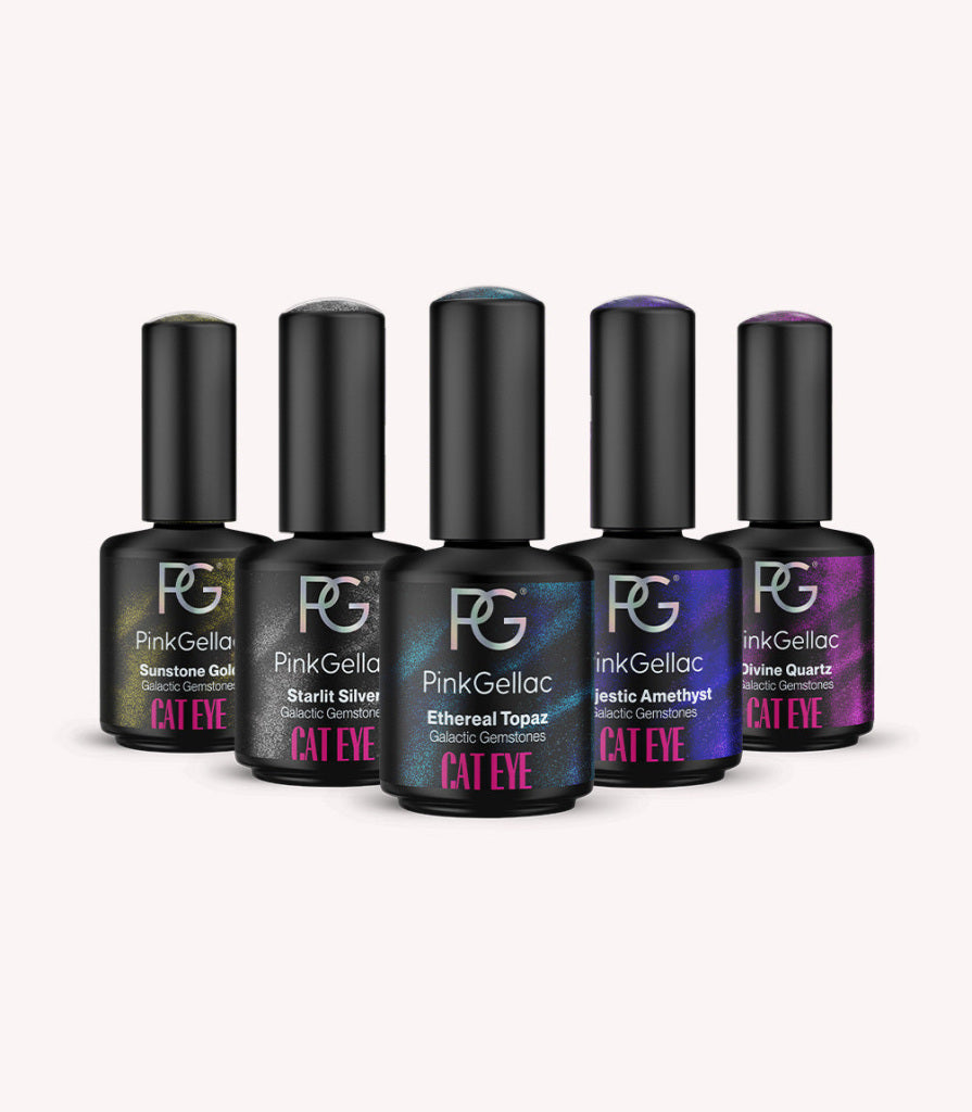 The gel polish bottles in the Pink Gellac Galactic Gemstones collection set.