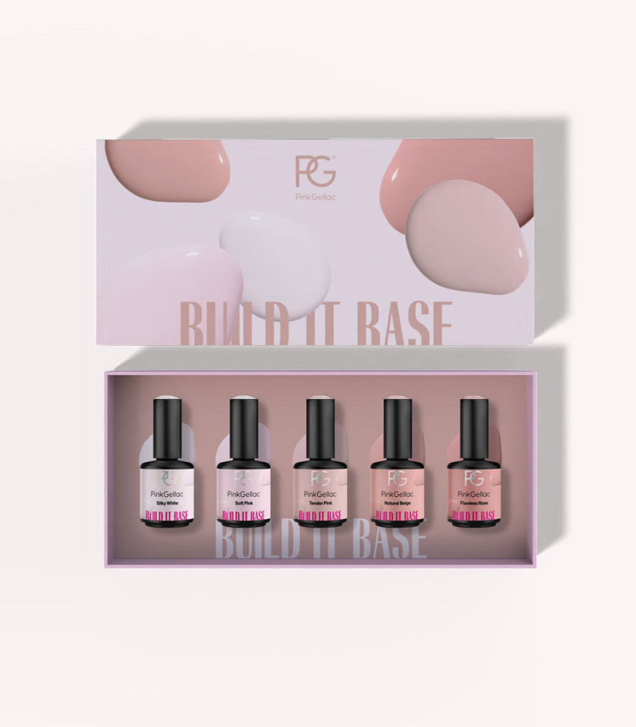 Pink Gellac Build it Base gel polish collection set presented in its gift box.