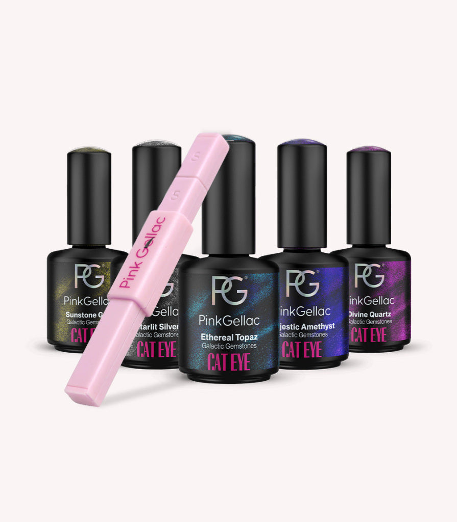 The five gel polish bottles and magnet pen in the Pink Gellac Galactic Gemstones cat eye set.