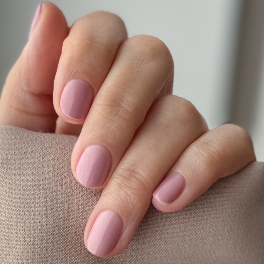 Manicured nails painted with Pink Gellac 490 Bare Rose gel polish.