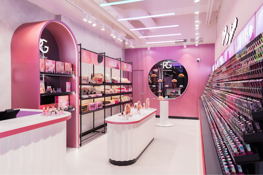 A modern nail studio with pink and white tones, filled with displays of nail polish and other nail care products.