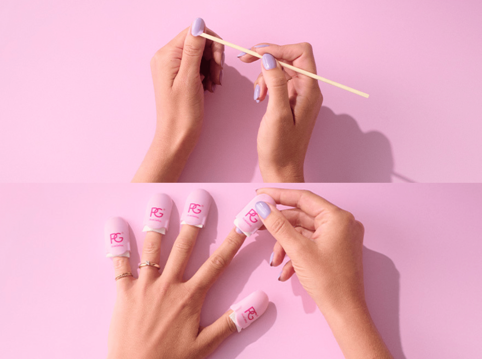 Two images show hands taking care of nails: the top hand holds a wooden stick with lilac nail polish, the bottom hand has pink finger caps with a logo on five nails.