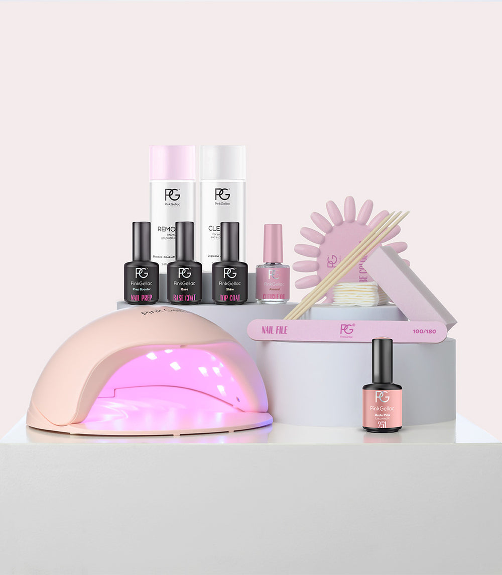 Pink Gellac Classic gel nail polish kit with lamp, gel polishes and accessories.