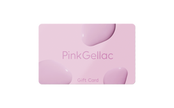 Pink gift voucher with the text "Pink Gellac" and paint-like drops as decoration.