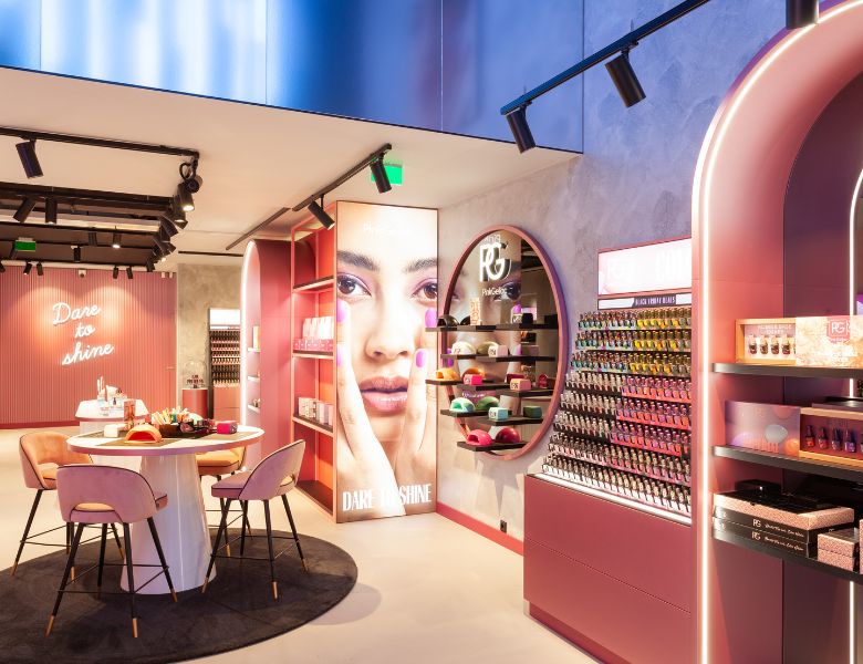 Interior of a modern makeup store with pink and purple accents, including a table with chairs, product displays, and a large advertising poster that reads "Dare to shine".