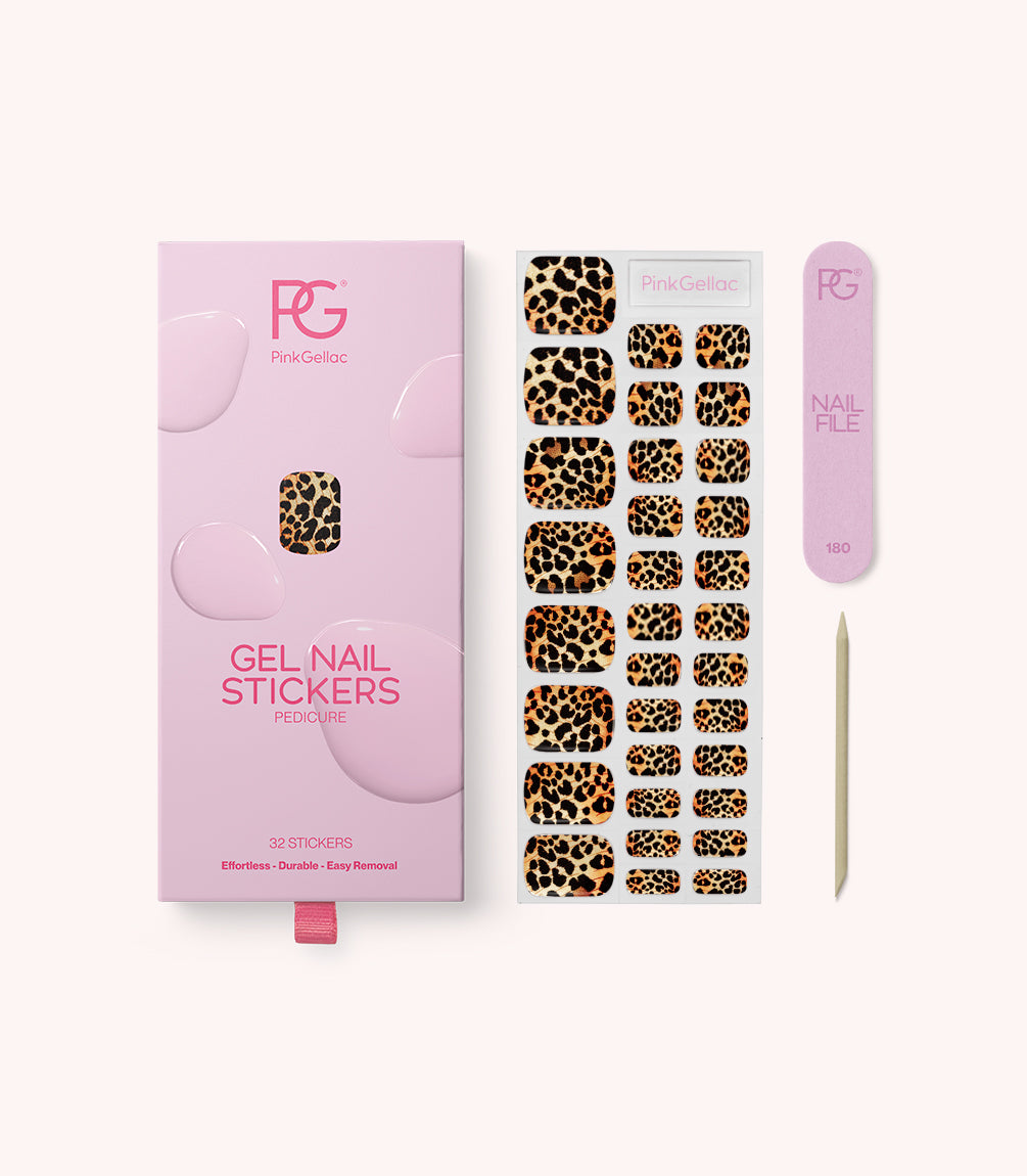 Pink Gellac 028 Lavish Leopard pedicure gel nail stickers with sheet and box.