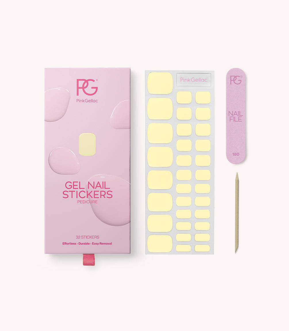 Pink Gellac 445 Butter Yellow pedicure gel nail stickers with sheet, nail file and cuticle stick.