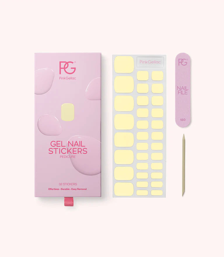 Pink Gellac 445 Butter Yellow gel nail stickers with sheet, nail file and cuticle stick.