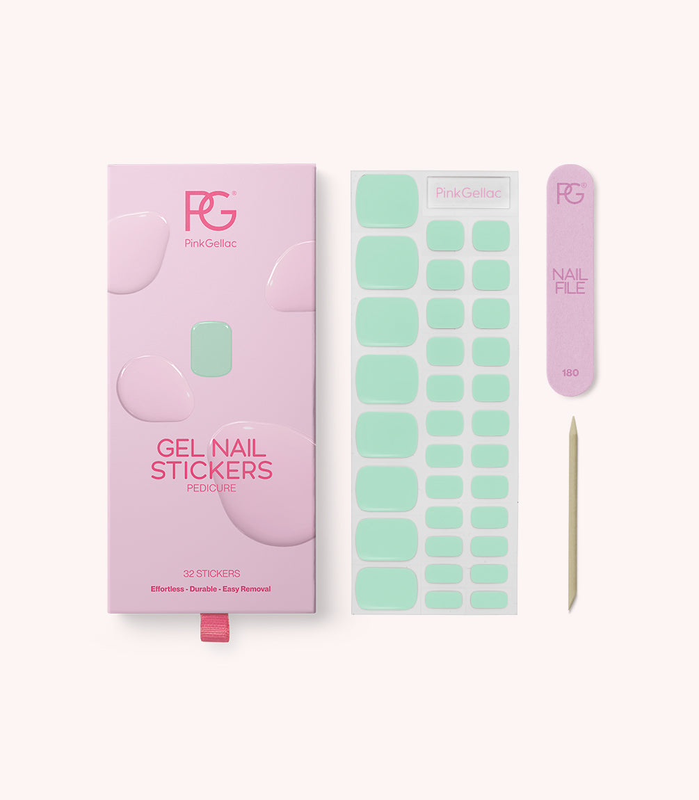 Pink Gellac Melted Mint pedicure gel nail stickers with sheet, nail file and cuticle stick.