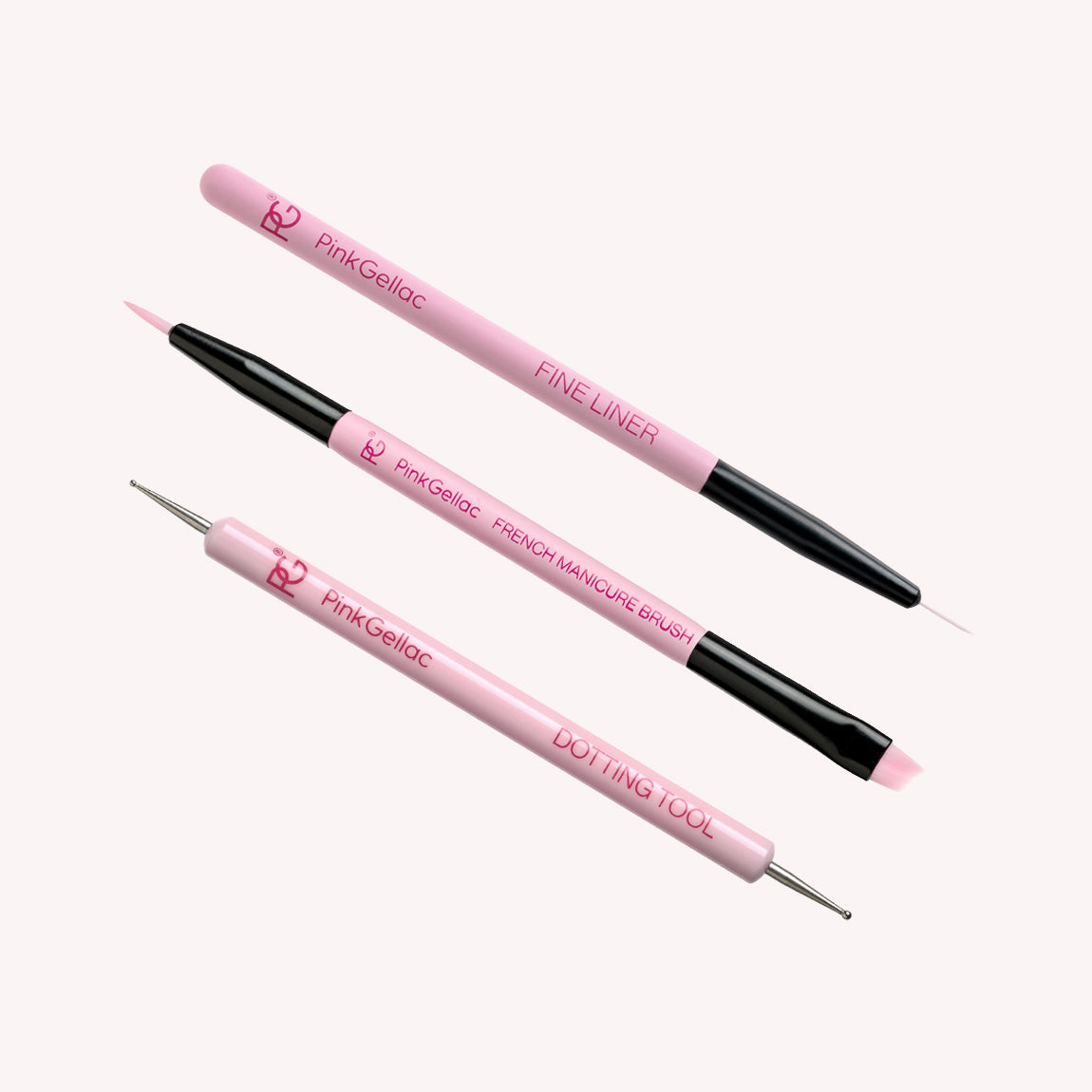 Pink Gellac Bestseller nail art tools set with a liner brush, detail brush and dotting tool.