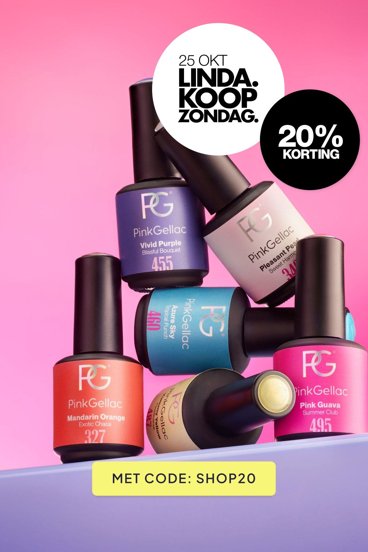 LINDA. Koopzondag 25 okt – 20% korting op gellak kleuren met code SHOP20