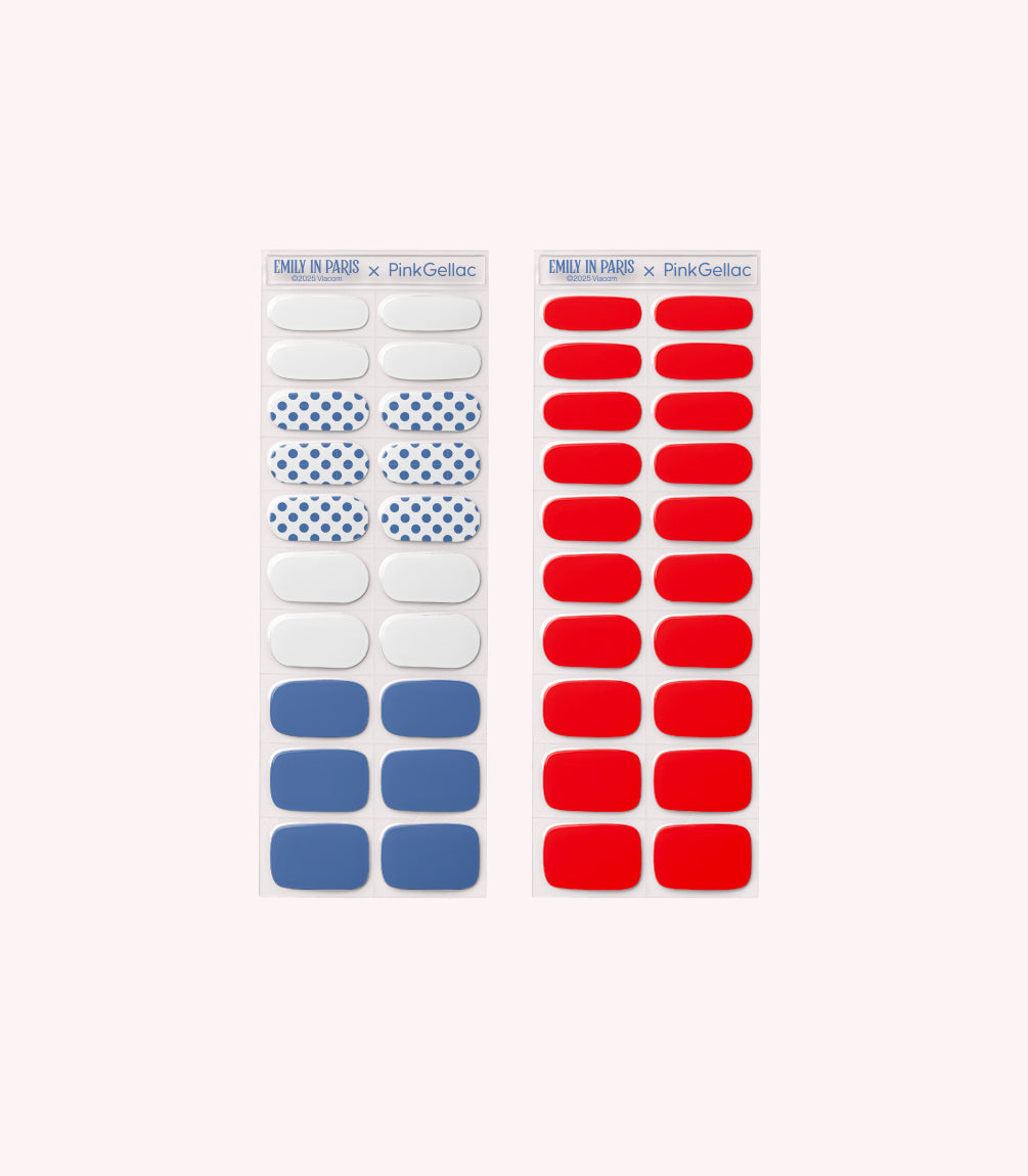 Gel nail sticker sheets and size guide from the Pink Gellac Emily in Paris set.