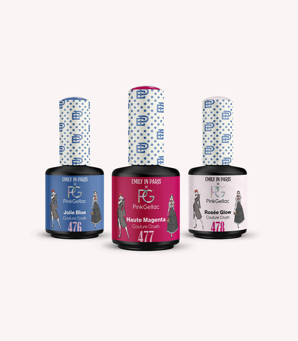 The three gel polish bottles from the Pink Gellac Emily in Paris set.