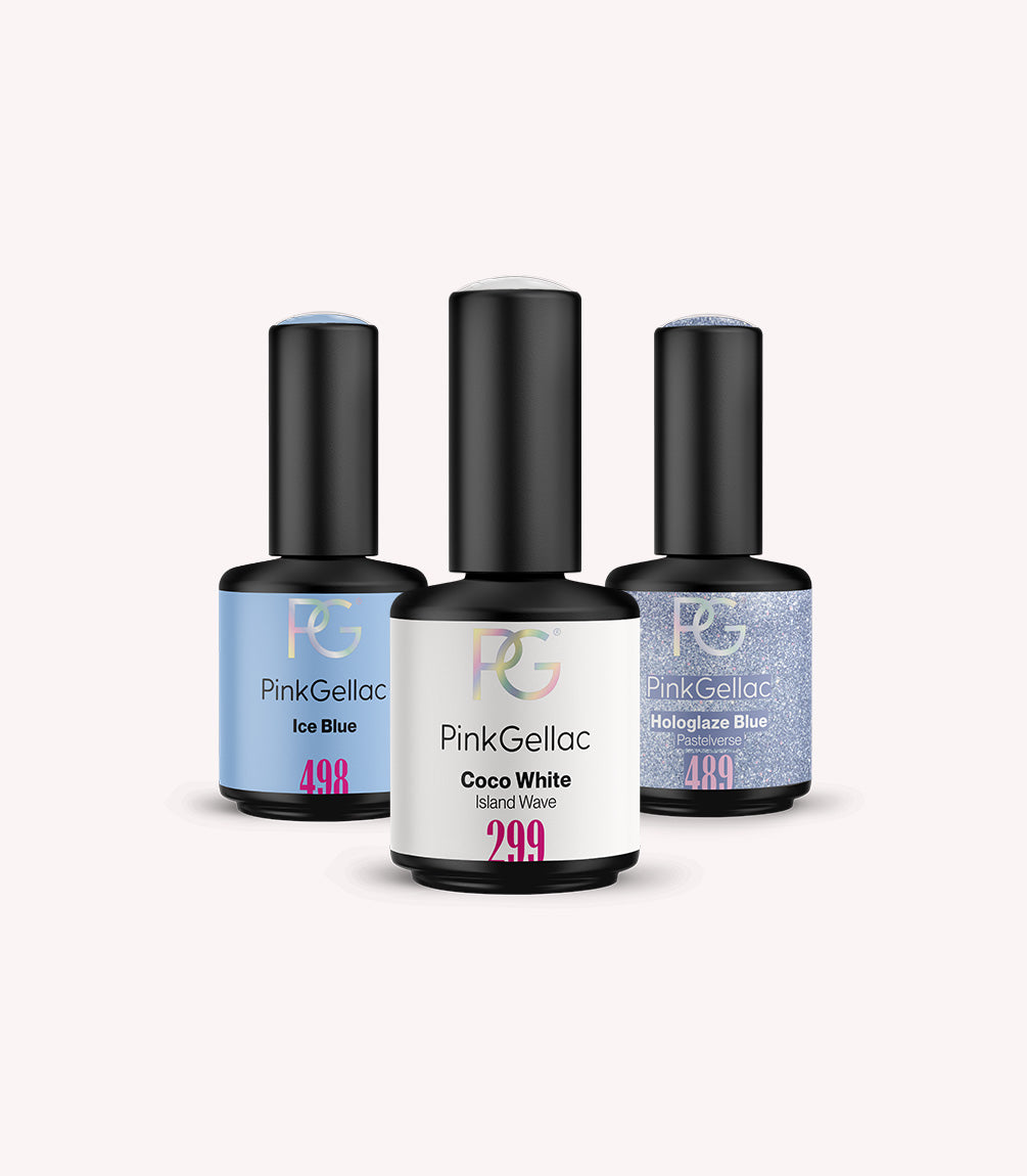 The Pink Gellac gel polish bottles in the Ice Blue Swirls set.