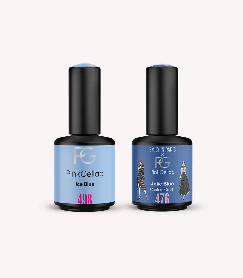 The two Pink Gellac gel polish bottles in the Ice Blue Polka Dot set.