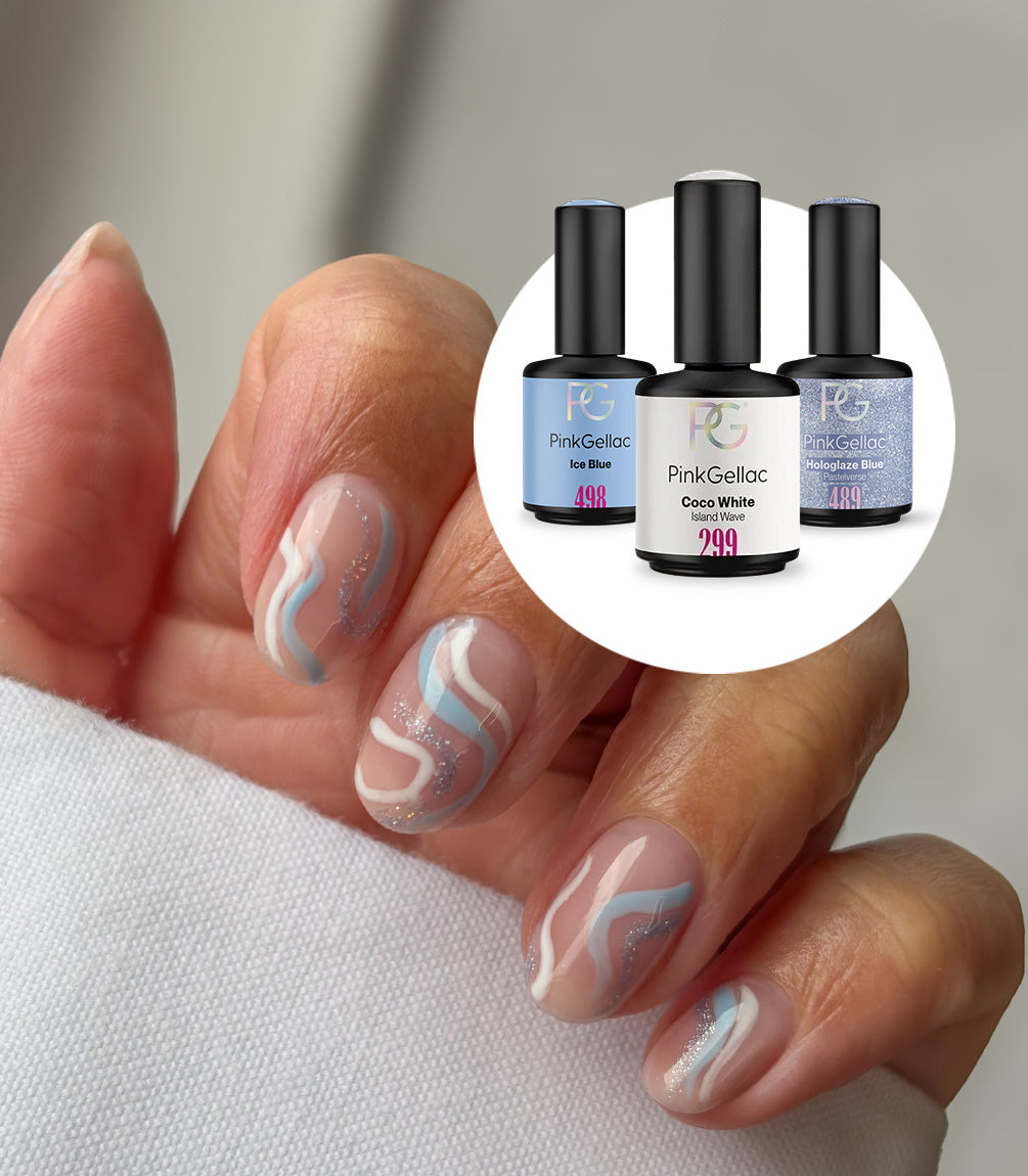 Hand with an Ice Blue swirls nail art manicure created with the Pink Gellac Ice Blue Swirls set.
