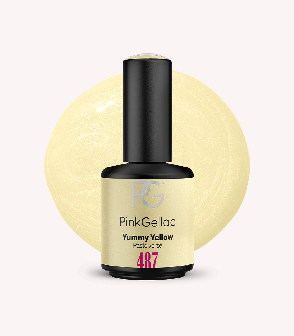 Pink Gellac 487 Yummy Yellow gel nail polish bottle.