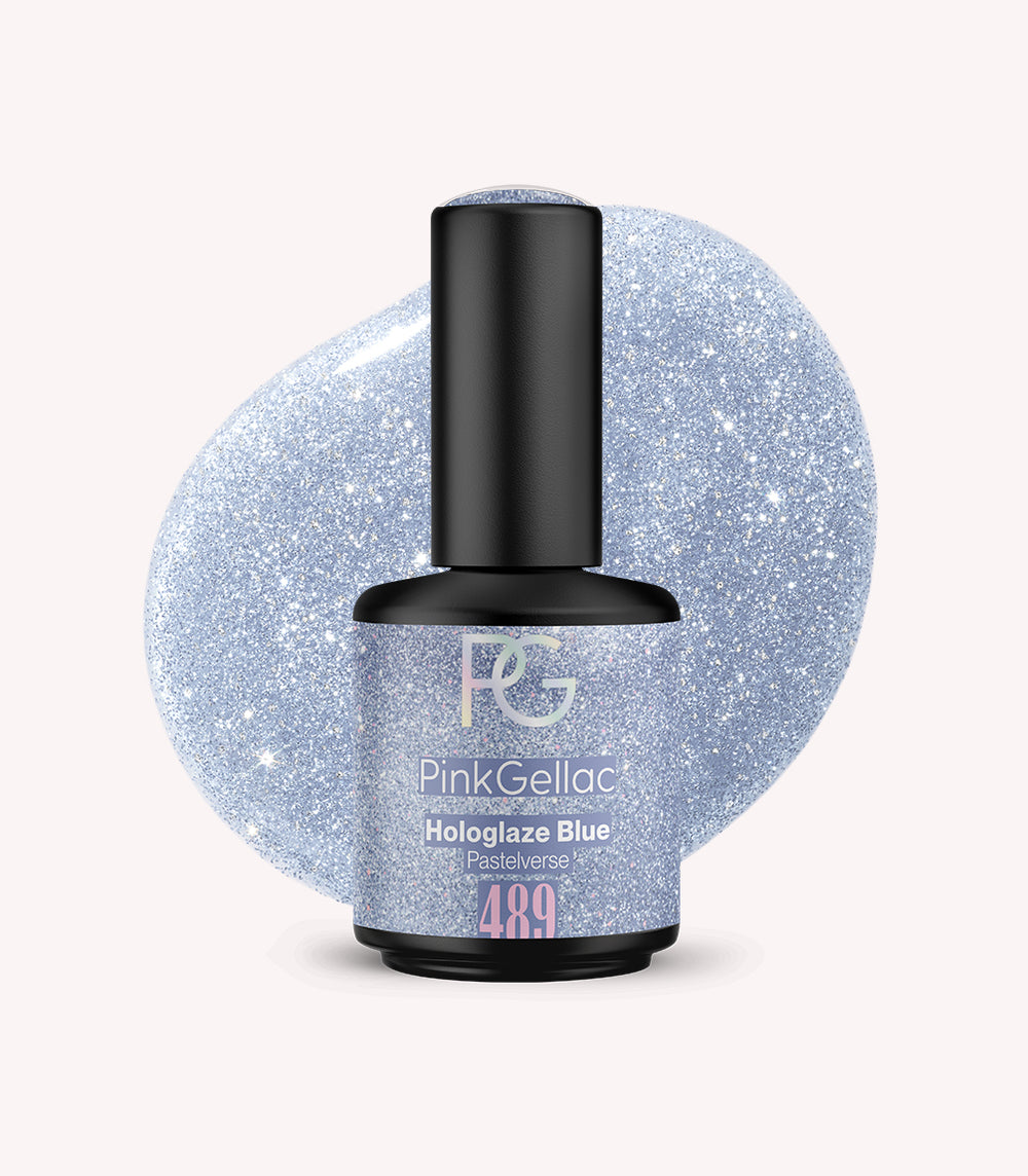 Pink Gellac 489 Hologlaze Blue gel nail polish bottle.
