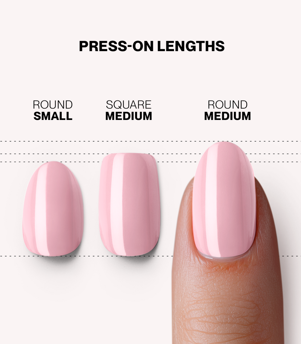 Pink Gellac press-on nail length guide in 486 Sugarcloud Pink: small, medium and long.
