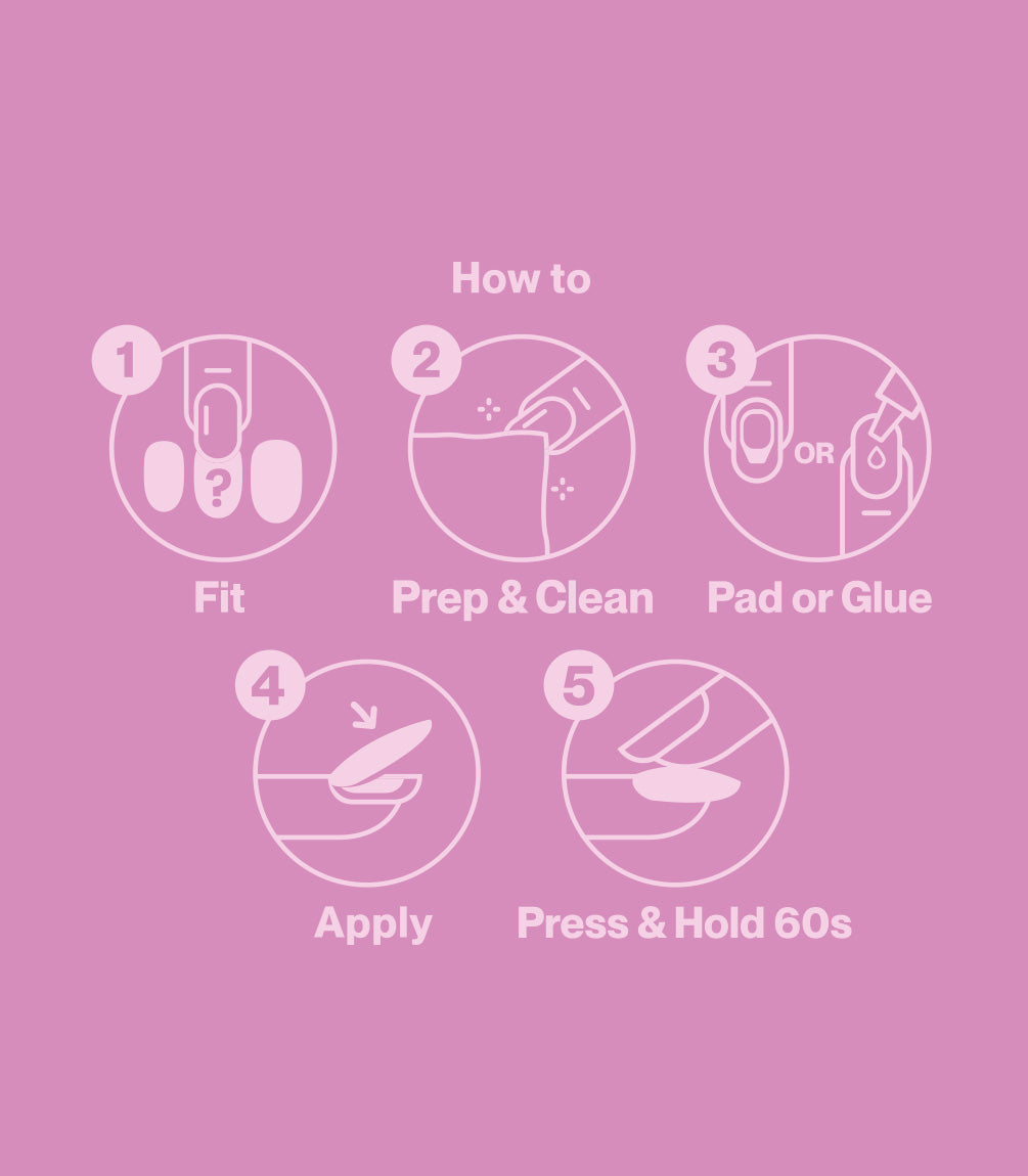 Pink Gellac press-on nails how-to guide showing the application steps.