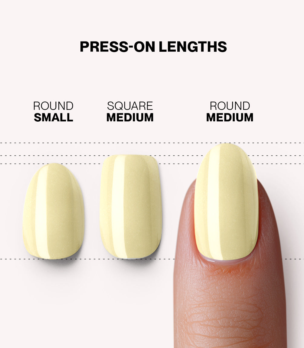 Pink Gellac 487 Yummy Yellow press-on nails length and shape guide.