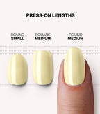 Pink Gellac 487 Yummy Yellow press-on nails length and shape guide.