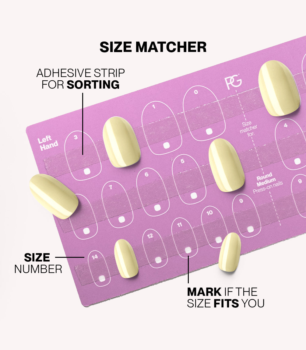 Pink Gellac press-on nails size matcher chart for measuring your nail size.