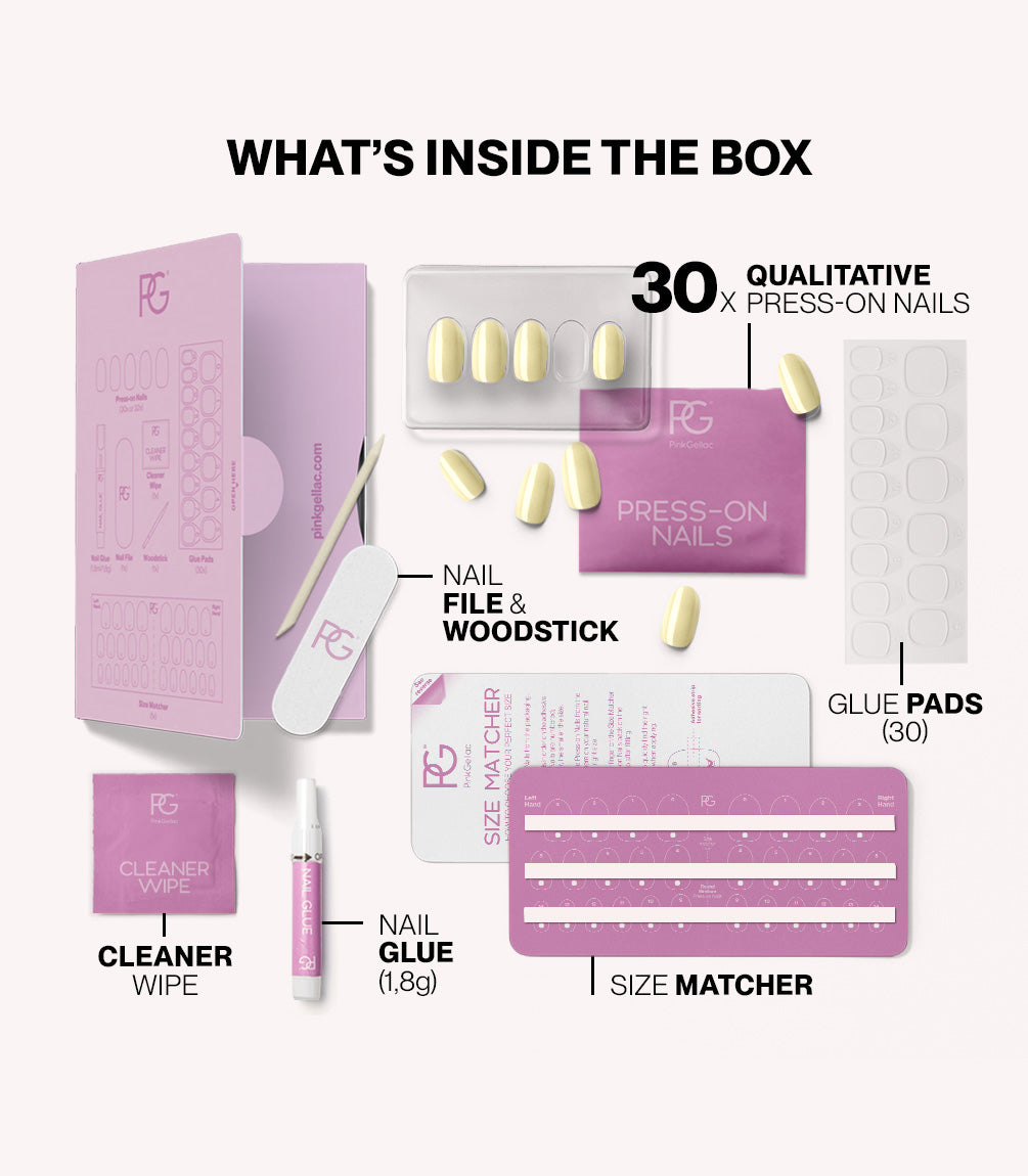 Pink Gellac 487 Yummy Yellow press-on nails kit contents with nails, glue, file and tools.